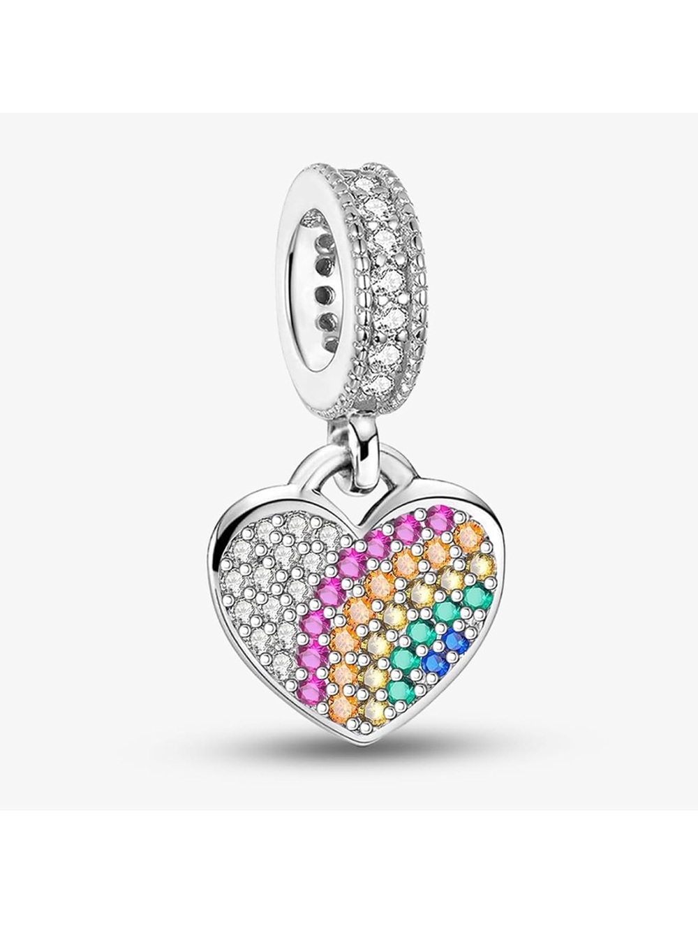 925 Rainbow Heart CZ Dangle Charm Sterling Silver Colorful Pavé New